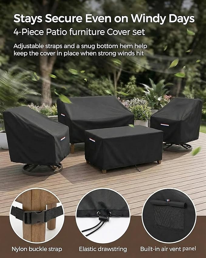 4-Piece Patio Furniture Cover Set, Waterproof Outdoor Furniture Covers for 3-Seater Sofa, Patio Chairs & Coffee Table, Heavy-Duty 600D, Fade&UV-Resistant, Breathable, All-Season Protection, Black