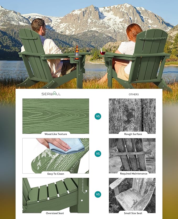 SERWALL Adirondack Chair with Cup Holders - Composite Adirondack Chairs HDPE Outdoor Chairs All Weather Use- Avocado