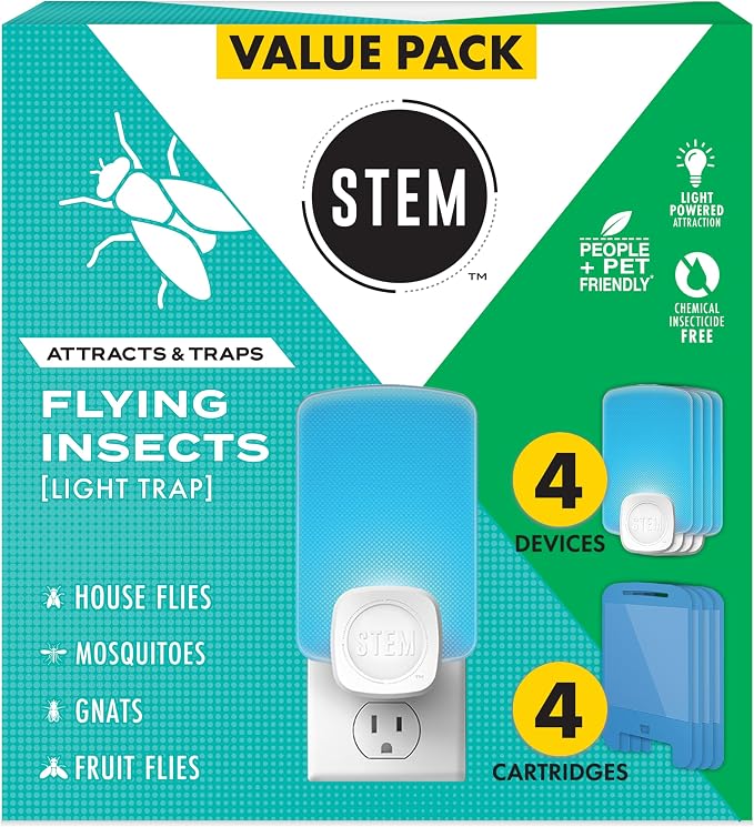 STEM Flying Insect Trap - Indoor Fruit Fly & Gnat Catcher for Home, Kitchen & Any Room, Attracts & Traps Bugs, Soft Blue UV Light - Includes 2 Plug-in Devices & 2 Cartridges (Pack of 2)