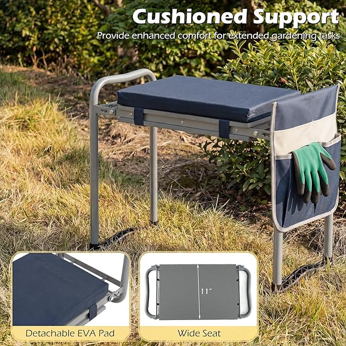 2-in-1 Garden Kneeler and Seat, Folding Garden Seat w/EVA Foam Kneeling Pad & Removable Tools Pouch, Sturdy Steel Frame, No Assembly, Portable Heavy Duty Garden Stool for Women Men Seniors