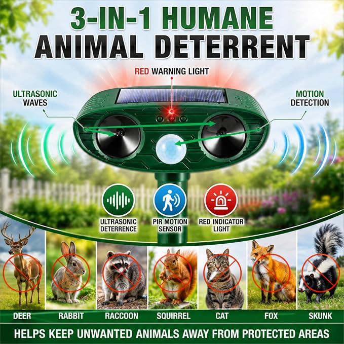 2 Pack Upgraded Sonic Deer Repellent Devices,Solar Ultrasonic Animal Repeller Outdoor for Racoons,Squirrels,Cats,Rabbits,Skunks & Foxes,Waterproof Motion Sensor Animal Deterrent for Garden Yard