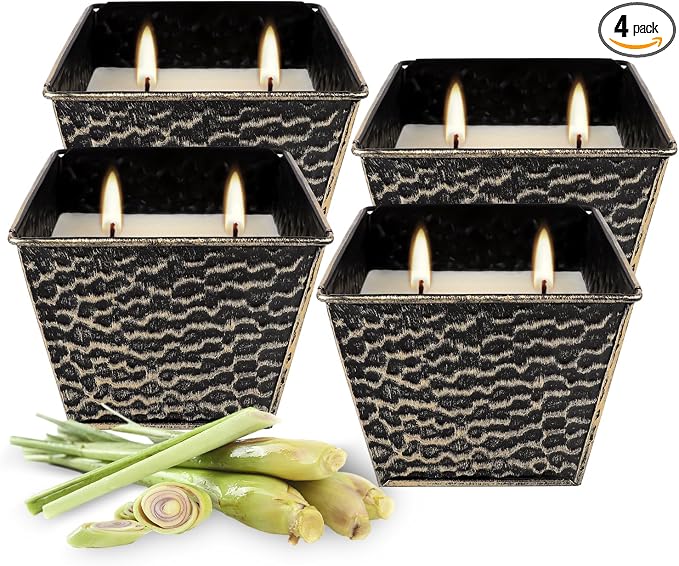 Citronella Candles 4 Pack - 2 Wicks Outdoor & Indoor Ambience Candles Vintage Hammered Metal Jar, Smokeless Clean Burning, Summer Gift for Patio, Garden, Camping & Picnic