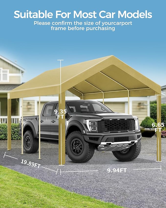 Heavy Duty 10x20FT Carport Replacement Canopy Cover, Durable Waterproof Garage Shelter Top, Car Tent for Outdoor Use, with Ball Bungees for Secure (Khaki, Cover ONLY)