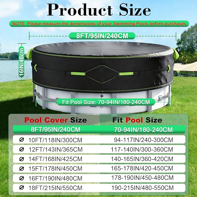 8Ft Round Pool Cover for Small Dog & Pet Pools, Safety Solar Pool Covers with Reflective Strips, Rope and Luminous Nails, Waterproof Oxford Fabric with Windproof Drawstring, Dustproof, Tear Resistant