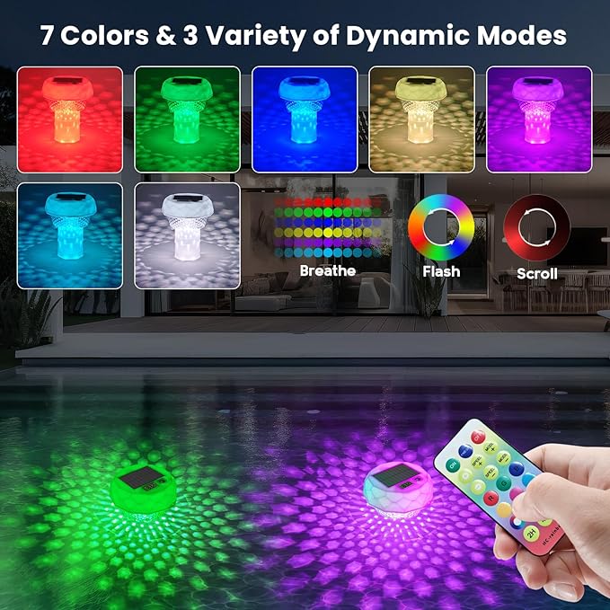 Solar Pool Chlorine Floater, Pool Light that Float With Thermometer, Remote, 8 Lighting, Timing Mode, IP68 Waterproof, Floating Chlorine Tablet Dispenser for Pool, Spa Bathtub, Hot Tub, Pond Decor