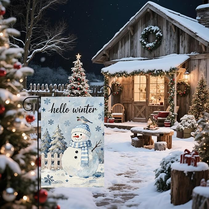 Winter Snowman Garden Flag 12x18 Inch Christmas Tree Snowflake Cardinal Hello Holiday Decorative Yard Flags for Outside Double Sided Seasonal Outdoor Home Farmhouse Decoration Porch New Year Decor