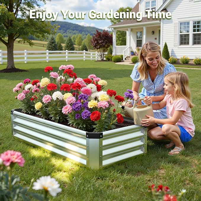 4x2x1 Ft 2Packs Metal Raised Garden Bed, Rectangular Outdoor, Garden Bed Planter Box for Vegetables, Flowers and Herbs, Color Coated Steel Raised Planter Bed Kit (Silver)