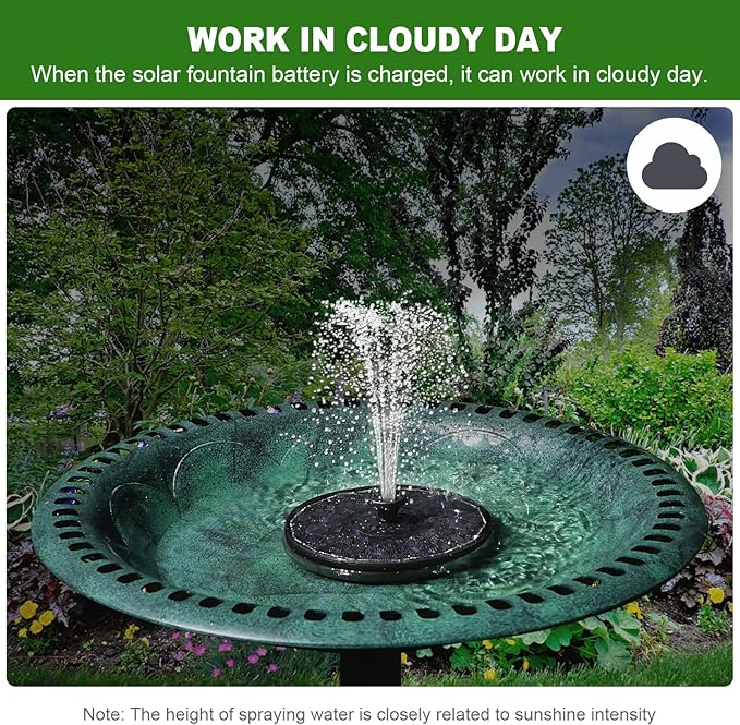 Yzert Solar Fountain with 2000 mAh Battery Backup Works in Cloudy, Glass Solar Powered Bird Bath Fountains with 7 Nozzles, 3.5 W Solar Fountain Pump for Birdbath,Garden, Outdoor, Pond