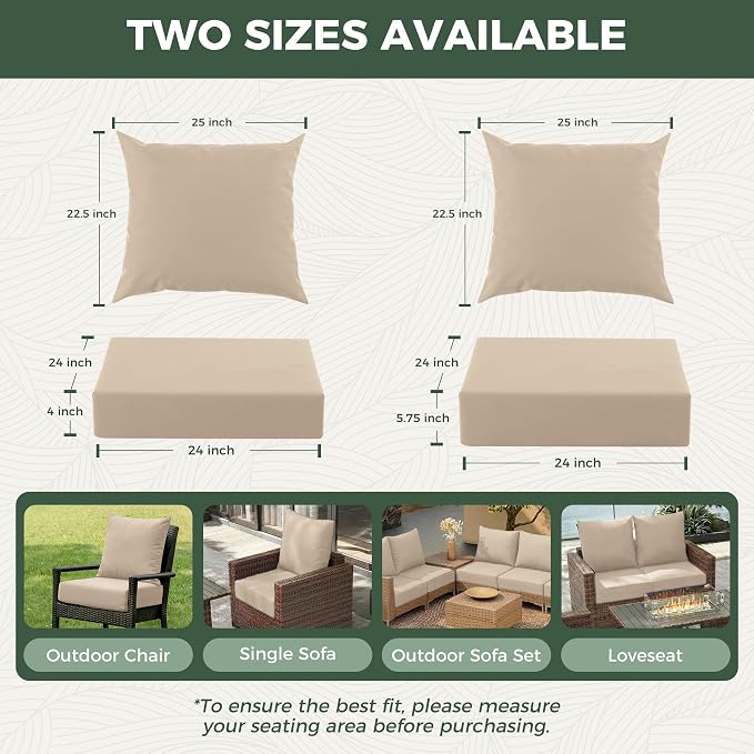 Outdoor Cushions for Patio Furniture, Outdoor Seat Cushion Set 24 x 24 x 5.75 in, Waterproof & Fade Resistant Outdoor Chair Cushions, Patio Chair Cushion with Removable Cover, Set of 6, Beige