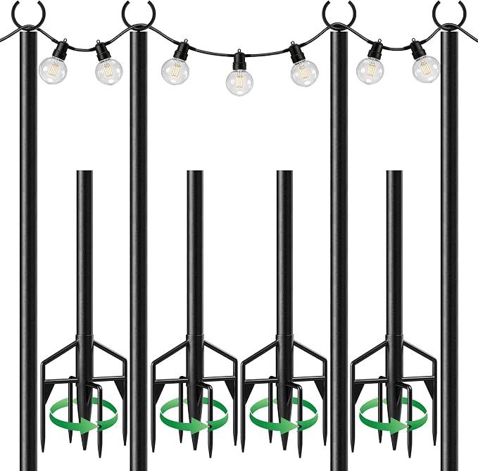 LAND·VOI String Light Poles 4 Pack, Heavy Duty Outdoor Light Poles with Upgraded 5‑Prong Base, Anti‑Bending Stable Design for Backyard Patio Garden Wedding Party Decoration