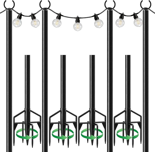 LAND·VOI String Light Poles 4 Pack, Heavy Duty Outdoor Light Poles with Upgraded 5‑Prong Base, Anti‑Bending Stable Design for Backyard Patio Garden Wedding Party Decoration