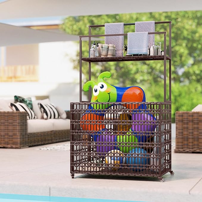 Outsunny Wicker Pool Float Storage Organizer, PE Rattan Pool Float Holder with Basket Shelf Towel Bars, Rolling Pool Caddy for Floaties, Noodles, Life Vests, Beach Balls, Mixed-Brown