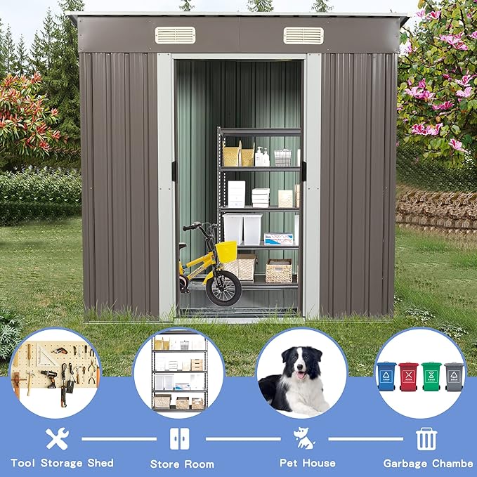 6 x 4 FT Outdoor Metal Storage Shed with Window and Punched Vents,Heavy Duty Storager House w/Sliding Doors & Padlock,Large Waterproof Tool Sheds for Garden,Backyard,Lawn,White