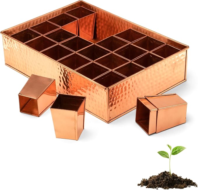 Kings County Tools Seed Starter Tray - Copper Metal Seedling Tray with 24 Tapered Plant Starter Pots for Planting Seeds-Germination Kit for Sprouting - Greenhouse Accessories and Gardening Gifts