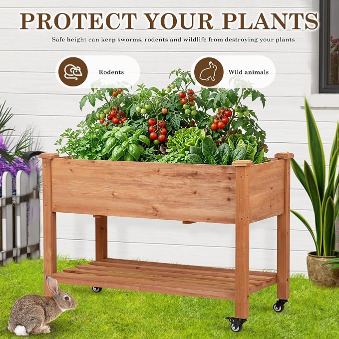 Raised Garden Bed with Lockable Wheels, 48x24x32 inch Elevated Wood Planter with Storage Shelf Protective Liner for Vegetable Flower Herb Outdoor Balcony Patio Backyard, Brown