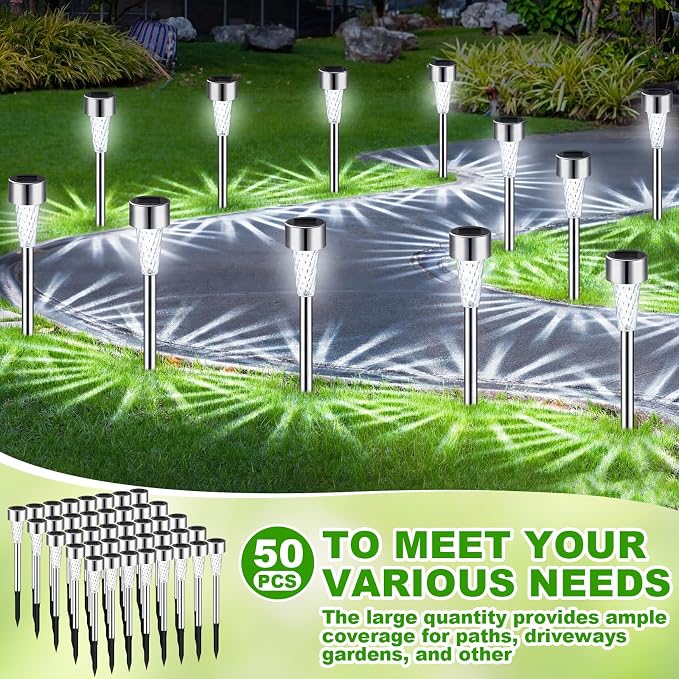 Huquary 50 Pack Solar Pathway Lights Outdoor Bulk, Stainless Steel LED Path Lights, Weather Resistant Solar Stake Light with Auto On/Off Sensor for Lawn, Patio, Driveway, Walkway, Garden Path