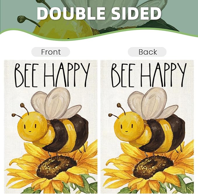 BEE HAPPY House Flags for Outdoor Decoration, Summer Watercolor Bee with Sunflower Large Yard Flag, Seasonal Decorative Celebration Decor for Spring Farmhouse Holiday Outside 28x40 Inch Vertical Double Sided