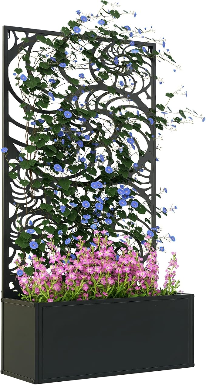 Outsunny Metal Raised Garden Bed with Trellis for Climbing Plants, Freestanding or Wall Mounted Flower Bed with Privacy Panel, Snail Cut-Outs Outdoor Planter Box for Garden, Patio, Balcony