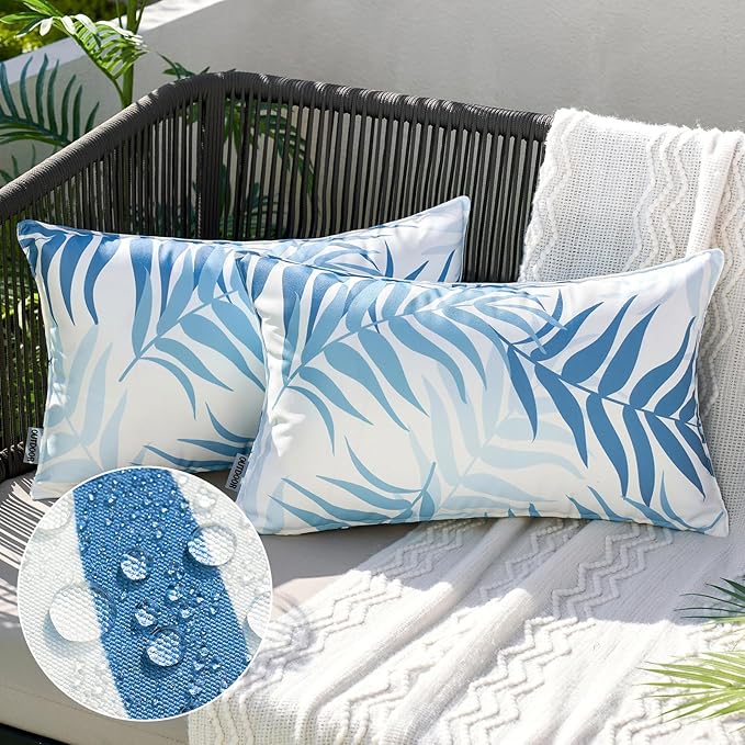 MIULEE Pack of 2 Decorative Outdoor Waterproof Throw Pillow Covers Patio Pillow Cases Natural Leaves Pattern Spring Square Cushion Shams Shell for Garden Balcony Couch 12x20 Inch, Light Blue