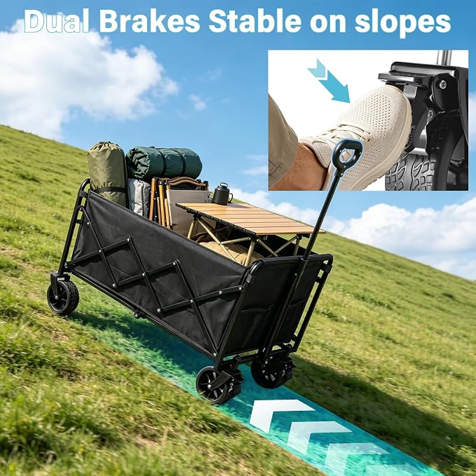 Collapsible Wagon Cart with All-Terrain Wheels - Folding Utility 500LBS Heavy Duty Wagons Carts for Grocery Sports Garden Shopping Camping Fishing (Black, 220L)
