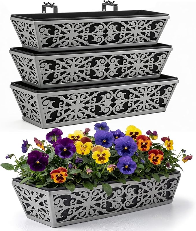 4 Pack 24 Inch Window Boxes Planter for Outdoor Plants Deck Railing Planters Box with Adjustable Brackets for Porch Fence Balcony Hanging Flower Baskets with Non-Woven Fabric Liner for Garden Decor