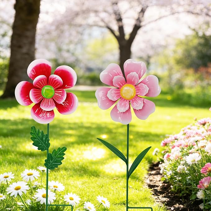 2 Pack Metal Flower Wind Spinner for Yard, 18in Outdoor Garden Stake with Retro Floral Design, Kinetic Patio Lawn Art, Weather Resistant Spring Decor