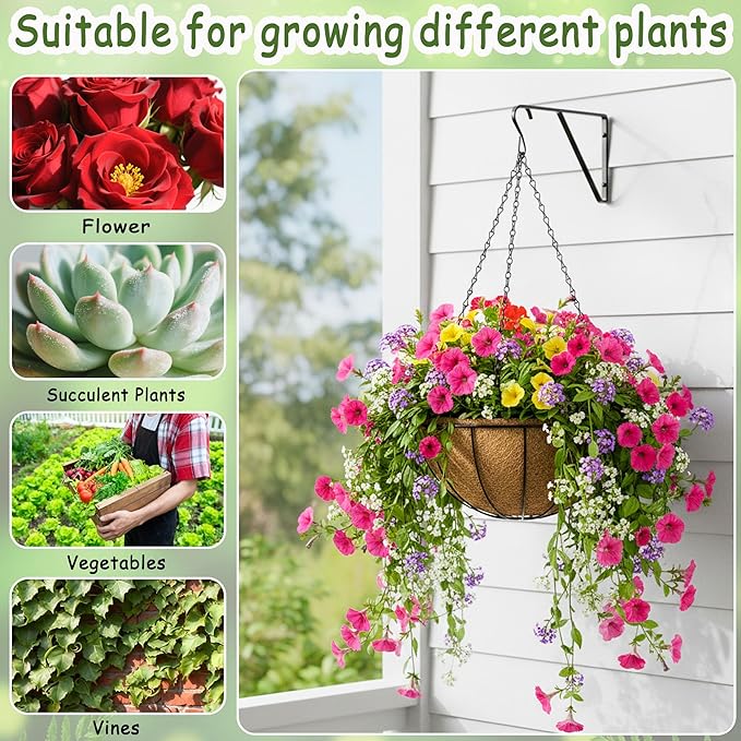4pcs 16 inch Metal Hanging Baskets Round Wire Plant Stand with Coco Lining Cushion Decorative Planter Hanger Garden Indoor Outdoor Watering Hanging Basket （XG）