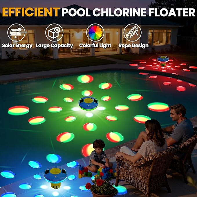 AquClor 2026 New Pool Chlorine Floater,Large Capacity Chlorine Floaters for 5 * 3'' Chlorine Tabs,Solar Chlorine Floater w/Light,Adjustable Floating Chlorine Dispenser for Pool,Hot Tub,Yellow