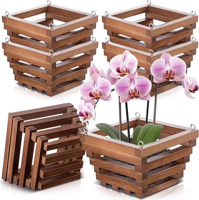 SiliFine 6 Sturdy Orchid Hanging Baskets, Wooden Plant Hanging Baskets, Handmade Inverted Trapezoidal Suitable for Orchids and Other Plants, Staghorn Ferns for Outdoor and Indoor Use, 6 Inch(Wooden)