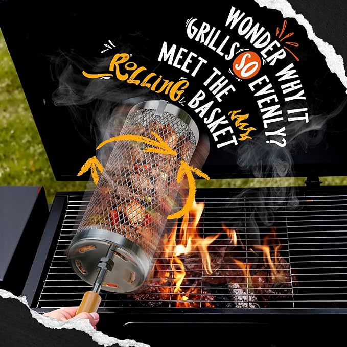 Rolling Grill Basket-Small,304 Stainless Steel Grill Basket with Removable Wooden Handle,BBQ Tool & Smoker Accessory for Veg & Shrimp,Ideal for Outdoor Cooking,Camping & Gifts for Dad/Husband/Men,9*4*4 inches(For 1-2 People)