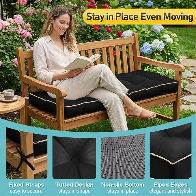 Outdoor Bench Cushion, Tufted Patio Seat Pad for Garden Bench, Porch Swing, Indoor/Outoor Furniture (Black, 36X14X4 inch)