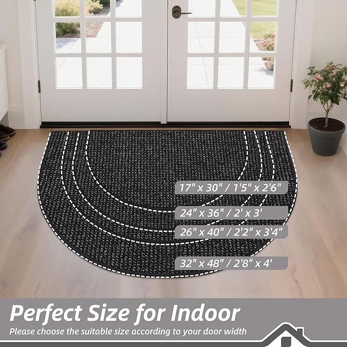 BEQHAUSE Dirt Trapper Door Mat 24" x 36" Half Circle Non-Slip Washable Doormats Entrance Rugs Absorbent Welcome Low Profile Floor Mats for Front Back Door and Entryway, Black