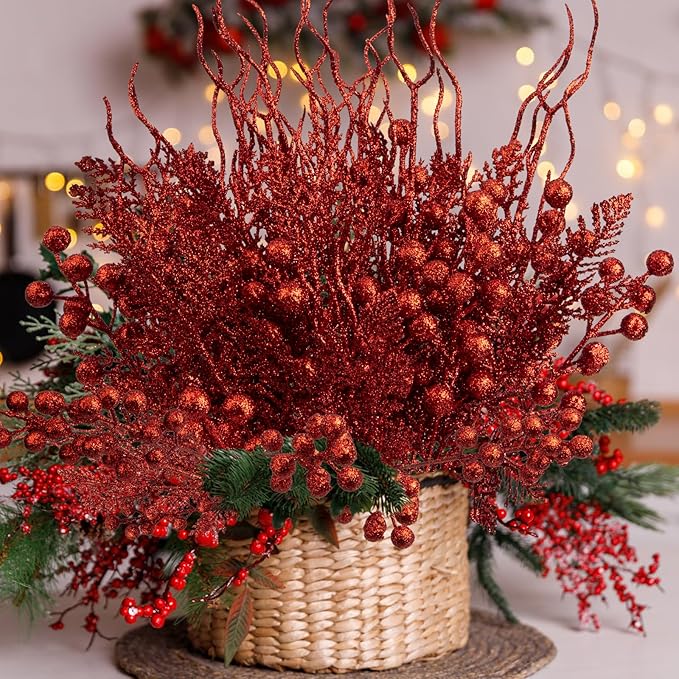 75 Pcs Christmas Glitter Branches, 3 Styles Artificial Christmas Picks with Red Berries, Pine Needles and Twig Sprays for Xmas Tree Ornaments, DIY Wreaths and Holiday Garland Decorations