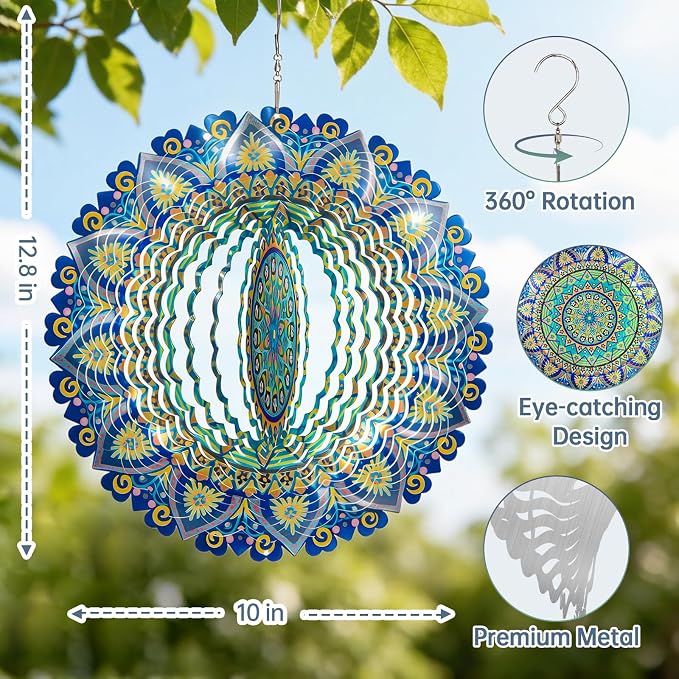 Mandala Wind Spinners Outdoor, IDEA SHOW Stainless Steel Wind Spinners Outside, 3D Kinetic Hanging Sculpture, Rustproof Metal Garden Decor Ornaments for Yard Art, Women, Men, Holidays