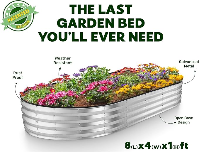 Plant & Plot Galvanized Raised Garden Beds Outdoor // 8×4×1 ft Planter Raised Beds for Gardening, Vegetables, Flowers // Large Metal Garden Box // Patented Tool-Free Design (Silver)
