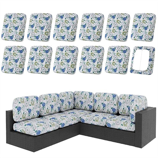 hyha 12Pcs Patio Cushion Covers, Stretch Outdoor Couch Cushion Covers, Washable Outdoor Chair/Sofa Slipcovers for Patio Furniture Cushions Protector with Elastic Bottom(Botanical Bloom,Cover Only)