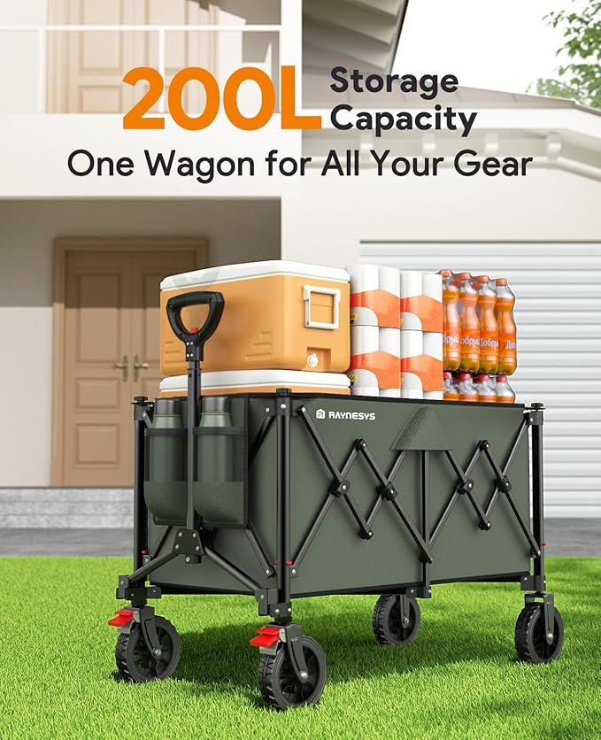 Raynesys Collapsible Foldable Wagons, 440lbs Weight Capacity Beach Wagon with All-Terrain Wheels, Heavy Duty Foldable Wagon, Utility Wagons Carts with Brakes for Camping,Sports,Shopping,Grocery, Green