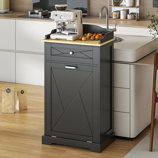 kepptory Tilt Out Trash Can Cabinet, 12 Gallon Farmhouse Laundry Hamper Cabinet with Drawer, Hidden Wooden Trash Garbage Can Bin with Storage Basket for Kitchen, Living Room (Black)