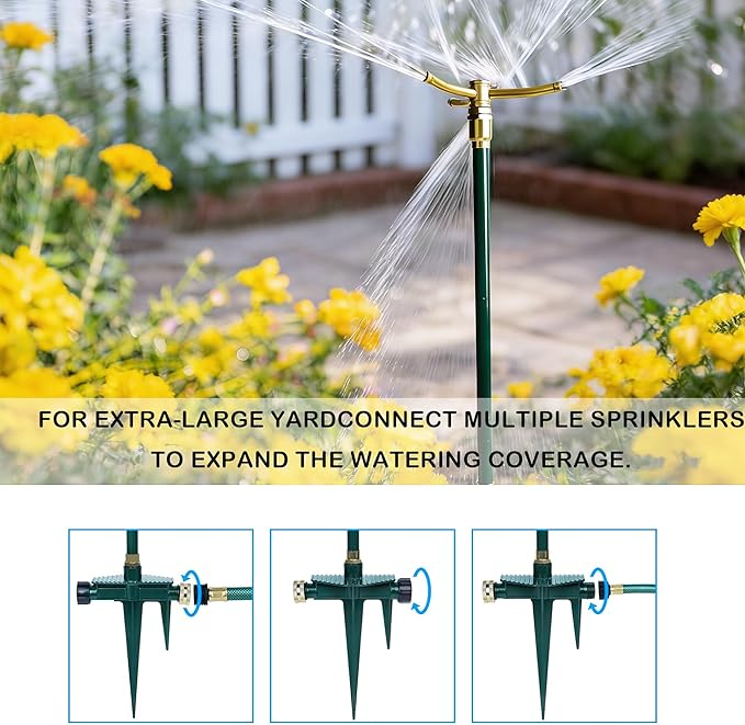 LIULO TOOL 2 Pack 3-Arm Garden Sprinkler, High-Rise Lawn Sprinkler with Adjustable Telescoping Rod and Spike Base, 360 Degree Rotation Irrigation Tool for Large Area Yard Lawn Garden