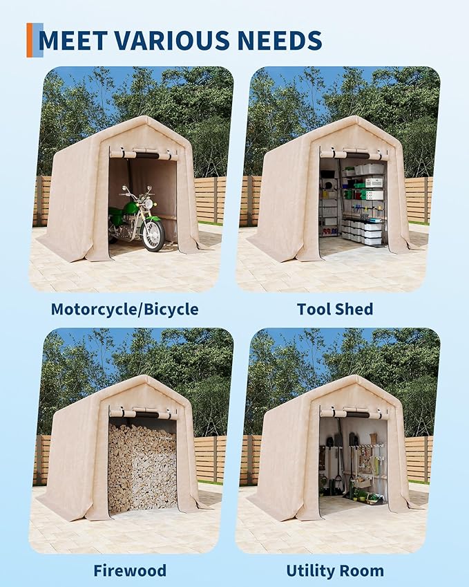  6X6 FT Heavy-Duty Portable Outdoor Storage Shed with Roll-Up Zipper Door & Vent, 240g Waterproof Carport Storage Shelter, UV-Resistant Canopy for Motorcycle, Firewood, Tools -Gray ﻿
