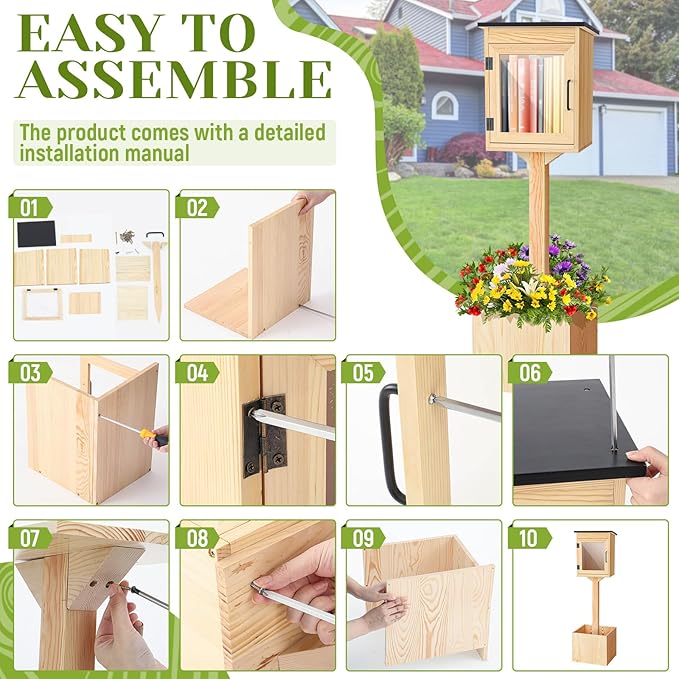 Wonderjune Outdoor Little Library Kit Free Library, Weatherproof Solid Wood Book Exchange Box with Floor Plugs and Small Flower Fence for Neighborhoods Community, Literature, School(Natural Wood)