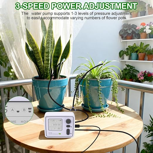 BZONE Dual Channel Automatic Watering System, Timer Drip Irrigation Kit for 20 Potted Plants, with Adjustable Programs & 3 Power Levels, 20 Emitters, 15M Hose for Indoor Garden
