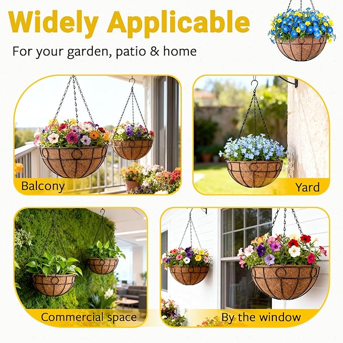 ZeeDix Complete Hanging Basket Kit – 2 Pack 16 Inch Wire Baskets with Coco Liners + 4 Pack 24 Inch Heavy Duty Black Chains for Indoor & Outdoor Garden, Patio, Balcony