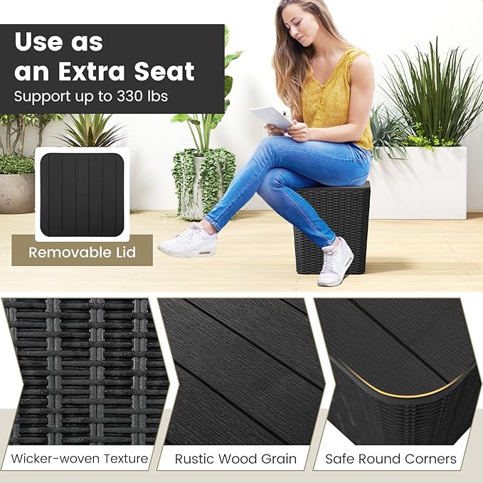 Giantex 11.5 Gallon Deck Box, Outdoor Side Table with Removable Lid, Faux Wicker-Woven, 330Lbs Capacity, Outside Waterproof Storage Box, Resin Rattan Small Coffee Table for Patio Poolside (Black)