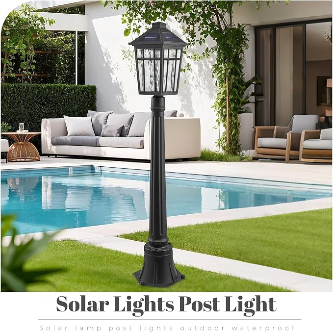 Solar Lamp Post Light 40.5 Inch Lamp Post Outdoor Lighting Waterproof Aluminum Material with Water Ripple Glass Black Solar Pillar Lights for Garden Lawn and Pathway