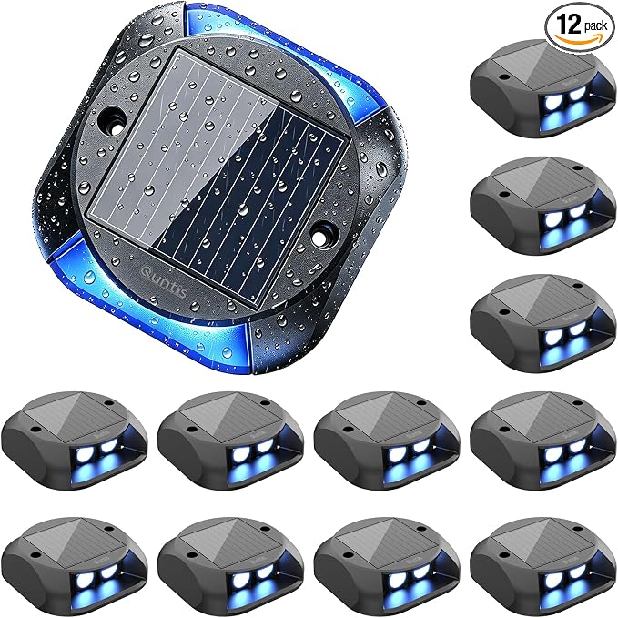 Quntis Solar Dock Lights Blue 12 Pack, 1/3 Mile High-Visibility Marine Markers, 20H Dusk to Dawn, Submersion Resistant Waterproof Deck Lights for Boating, Yacht Pier & Lakefront