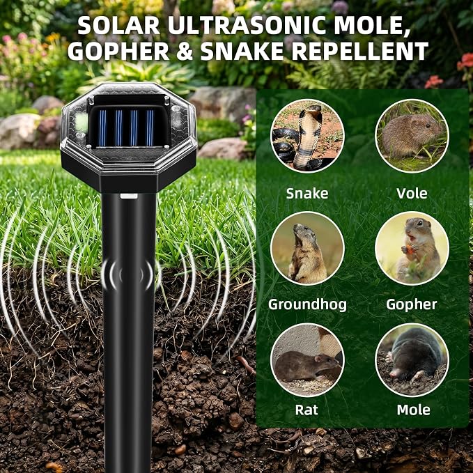 2026 New Mole Repellent Solar Powered, Ultrasonic Gopher Repellent Snake Repellent for Yard Lawn Garden, Waterproof Vole Groundhog Chipmunk Armadillo Squirrel Rodent Deterrent Stakes,8 Pack