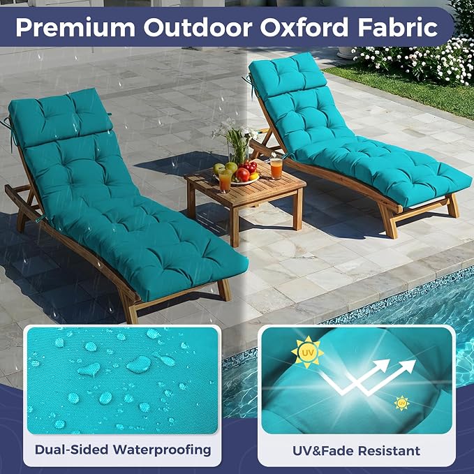 Outdoor Chaise Lounge Cushions 75.1x22.8x4.7 Inch, Waterproof Lounge Chair Cushions for Pool, Patio, Deck, Lawn, Fade Resistant Lounge Cushions for Outdoor Furniture with Ties, Teal