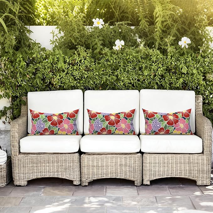 LVTXIII Set of 2 Patio Lumbar Pillows, 12" x 20" Fade Resistant Outdoor Lumbar Pillow with Inners, Fluffy Decorative Garden Lumbar Cushions for Home Patio Coach Sofa Use, Flower Bloom