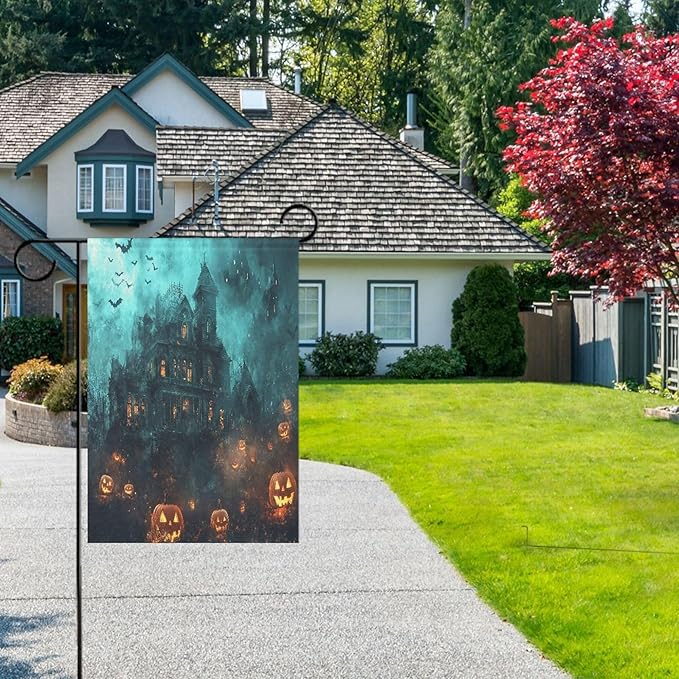 Halloween Spooky Castle House Flag 28x40 Inch Double Sided Outside Witch Bat Pumpkin Lantern Seasonal Yard Outdoor Flag Banner for Garden Lawn Patio Holiday Decorations